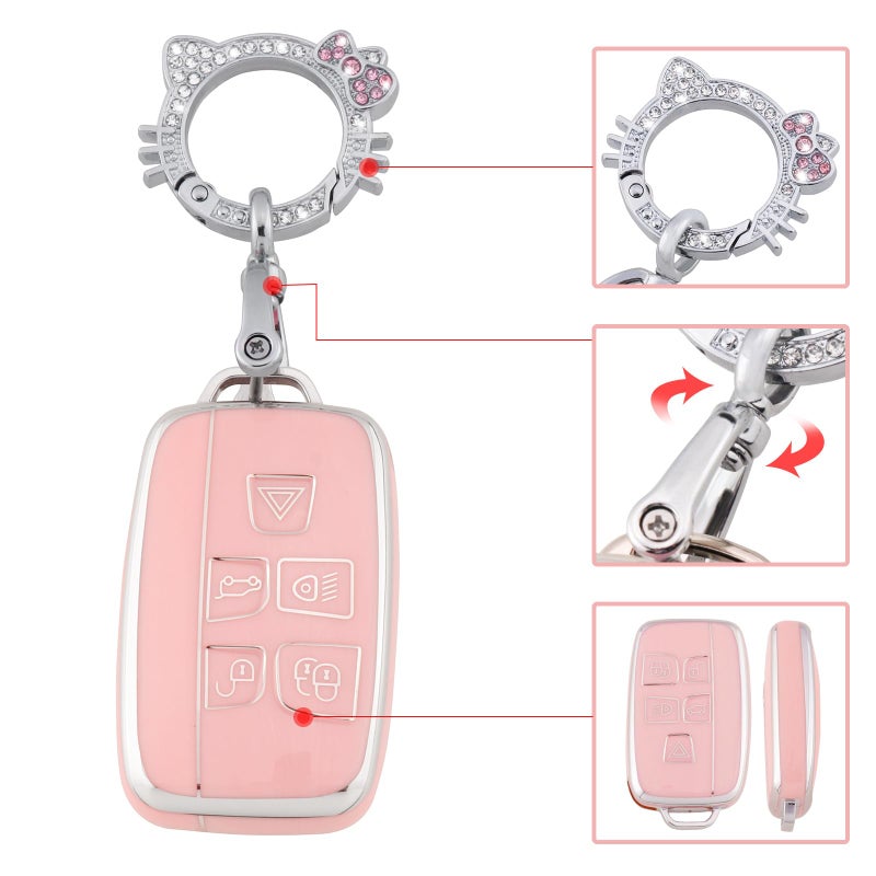Pangpai Pink Key Fob Cover for Land Rover Jaguar, Soft TPU Key Case Protection with Bling Keychain Fit for Evoque Velar Sport Discovery Freelander2 LR4 Sport Jaguar XF XJ XE F-PACE F-TYPE - Image 4